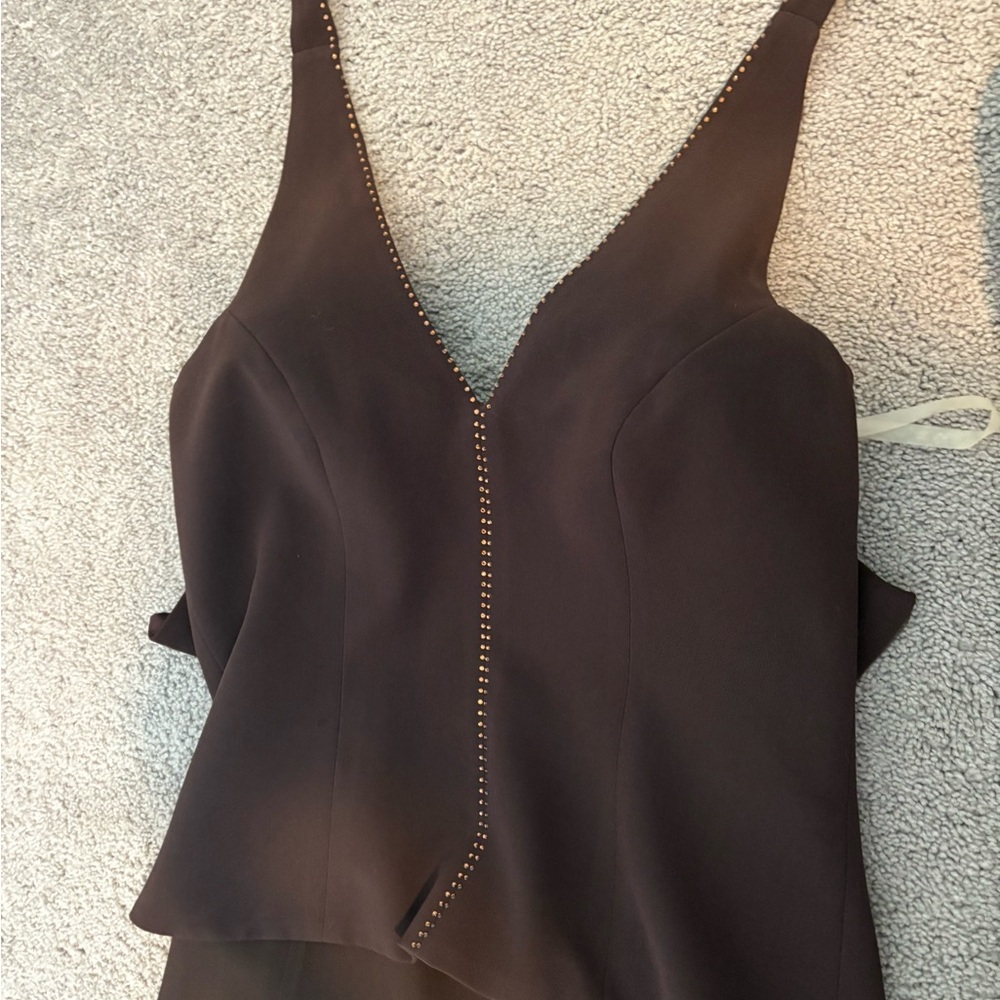 Vintage Modest Brown Maxi Dress with Rhinestone Detail